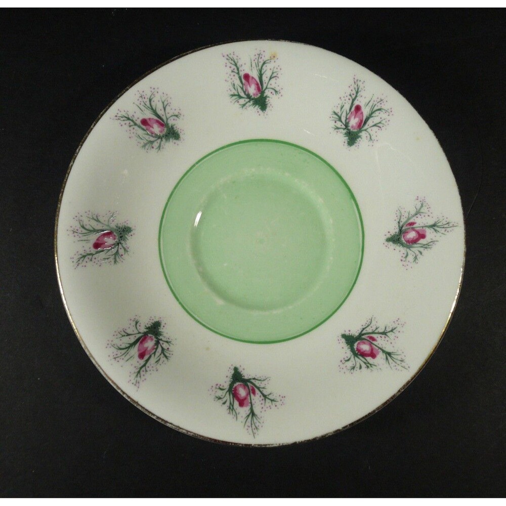 Vtg Clarence Bone China Saucer Pink Flower Buds, Green Center, Smooth 5½"